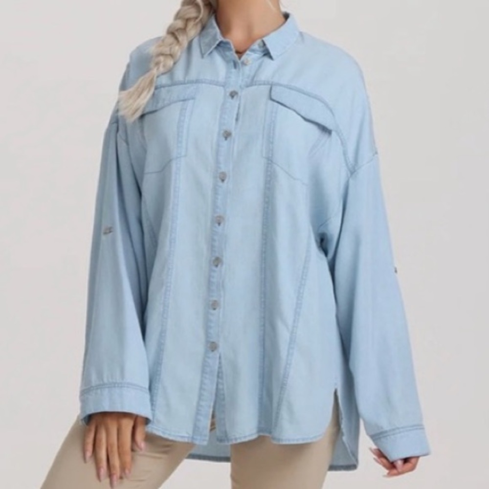 🟤NWT 89th & MADISON Button Down Denim Shirt in Sky Blue Wash